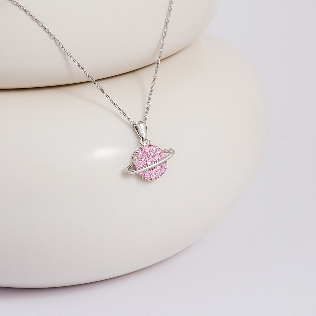 Saturn Planet - Silver & Pink Necklace