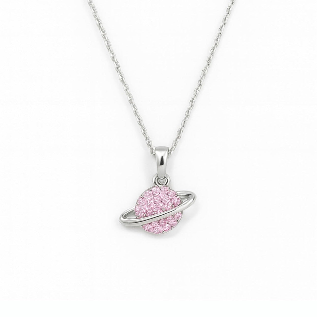 Saturn Planet - Silver & Pink Necklace