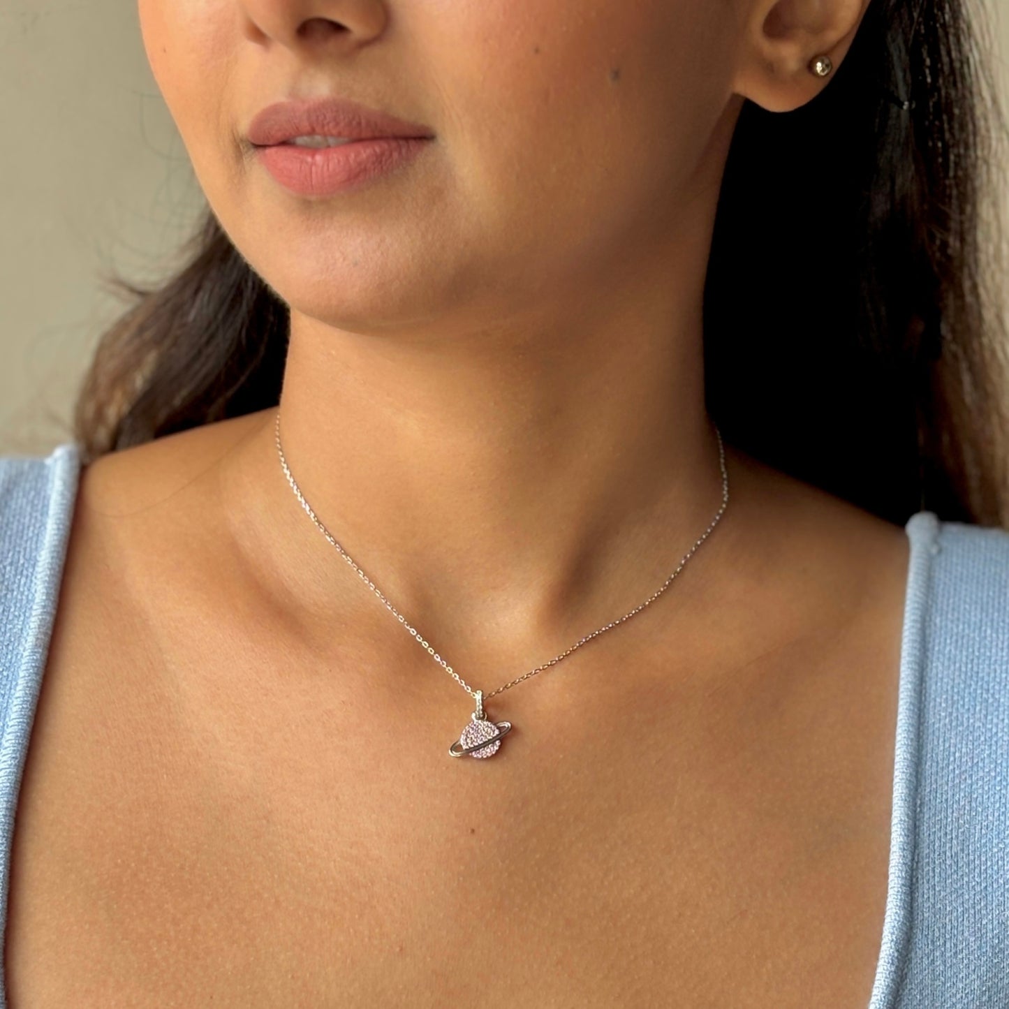Saturn Planet - Silver & Pink Necklace