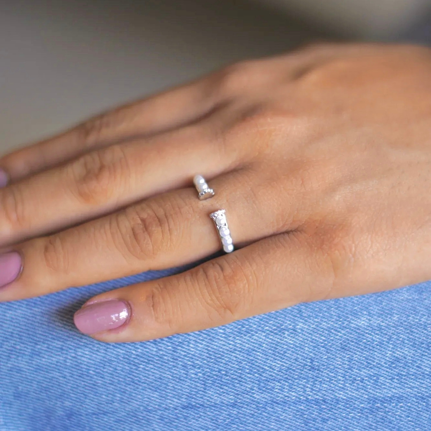 Pearl Knuckle & Finger Silver Ring